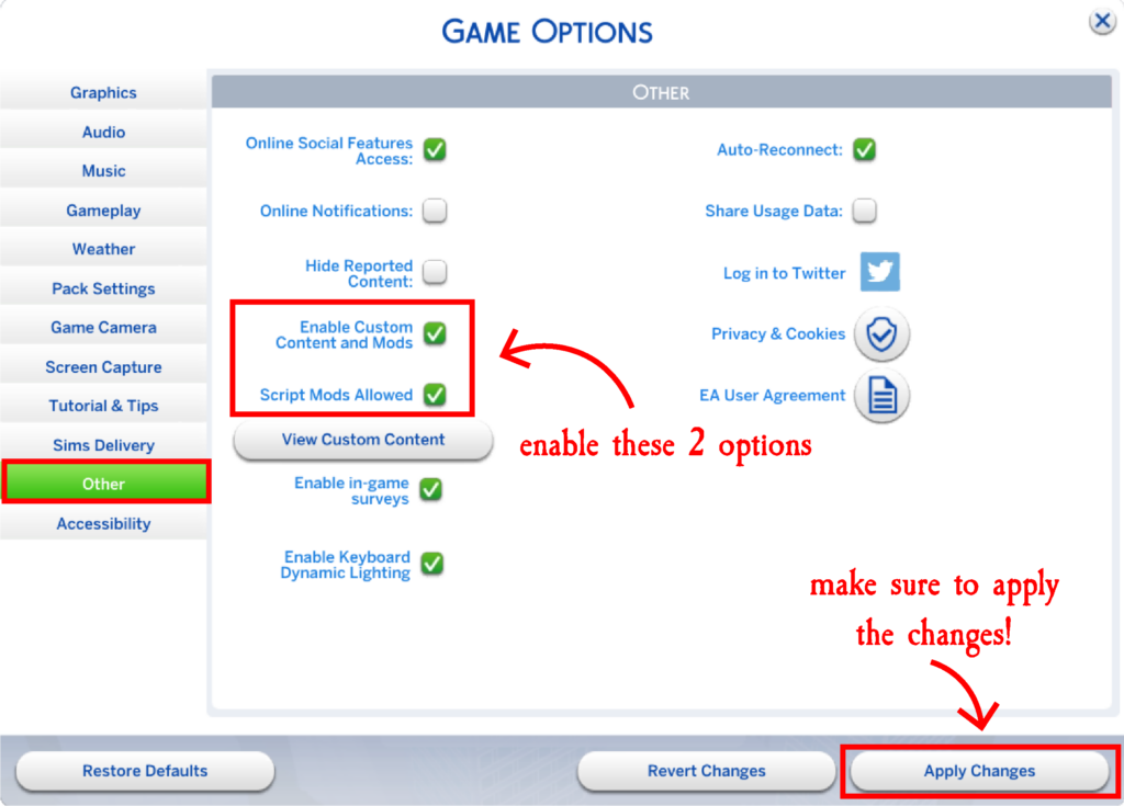 screenshot of the game options and which options to enable