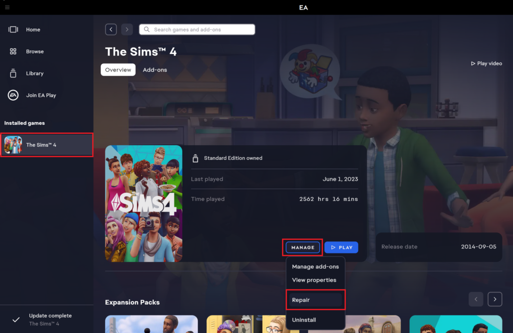 How to repair your TS4 game with the EA App